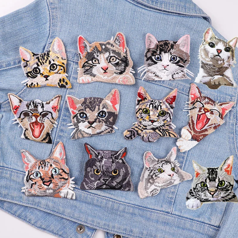 12PCS/set Pocket Cat Embroidery Patch Iron On Patches For Clothing Thermoadhesive Patches On Clothes Jacket Jeans Sewing Patch