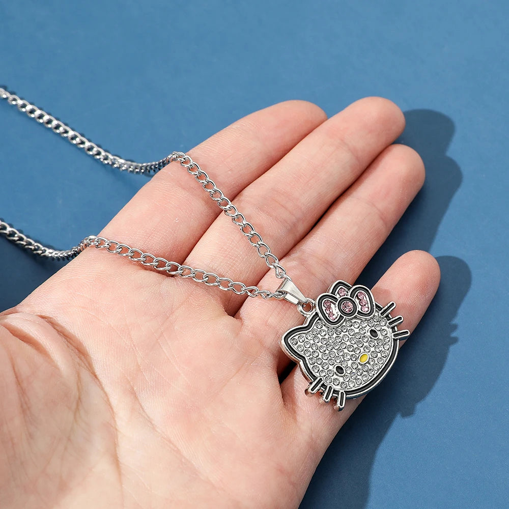 Hello Kitty Sanrio Necklace Silver Color Layer Shining Bling Women Clavicle Chain Elegant Charm Wed Pendant Jewelry Gift