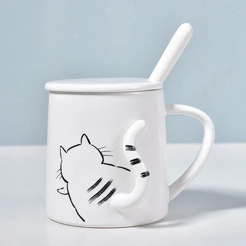 380ml Cute Cat Ceramic Mug With Spoon And Lid Creative Relief Coffee Tea Milk Breakfast Cups With Handle Novelty Gifts