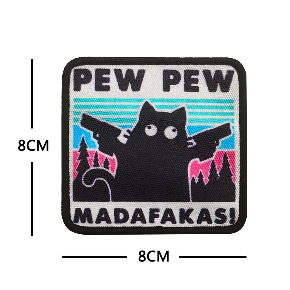 Pew Pew Madafakas Tactical Patches Fun Embroidery Hook&Loop Patch Military Double Spear Black Cat Morale Badge Backpack Stickers