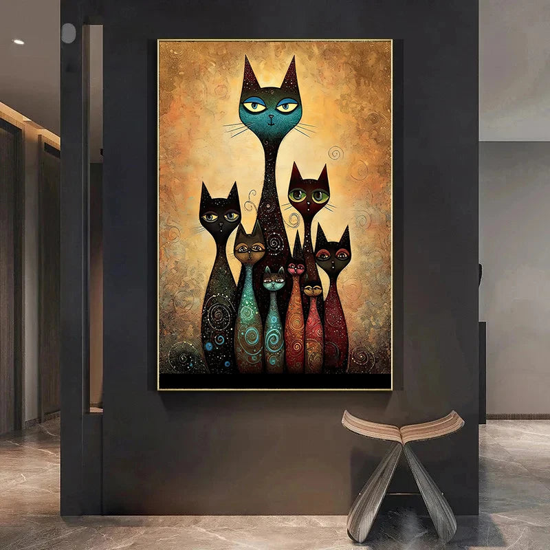 Gustav Klimt Style Cats Family Abstract Canvas Painting Cute Pet Cat Bunny Panda Posters and Prints Wall Art Pictures Room Decor