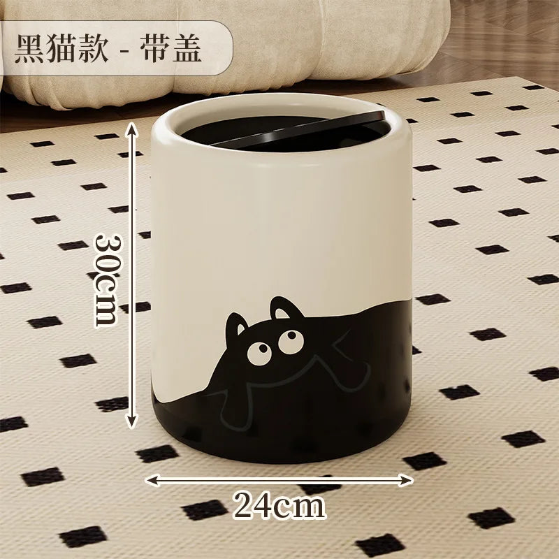 12L Black Cat/Ripple Style Trash Can High-capacity Bathroom Trash Bin Waterproof Wastebasket with Lid Living Room Lovely Dustbin