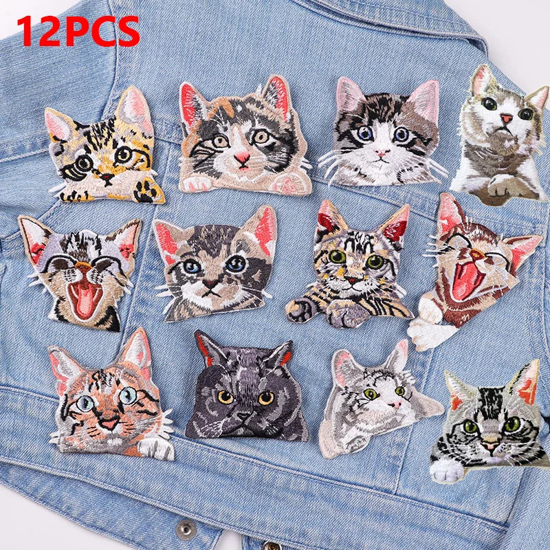 12PCS/set Pocket Cat Embroidery Patch Iron On Patches For Clothing Thermoadhesive Patches On Clothes Jacket Jeans Sewing Patch