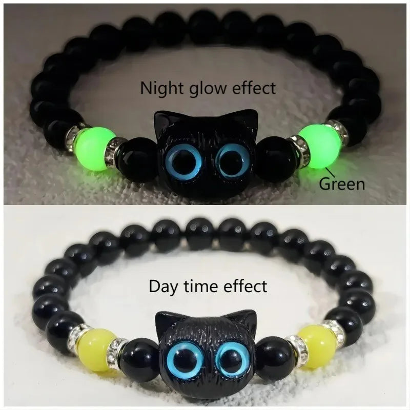 Cute Big Eye Cat Luminous Bracelets For Women Cartoon Animal Pendant Beaded Hand Chain Friendship Couple Bracelet Jewelry Gift