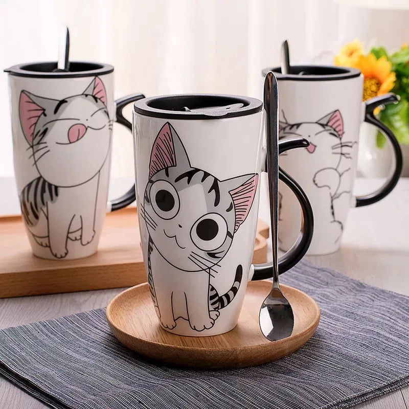 Drinkware 600ml Creative Cat Ceramic Mug With Lid Spoon Beer Cup of Coffee Original and Funny Cups to Give Away Couple Gift Mugs