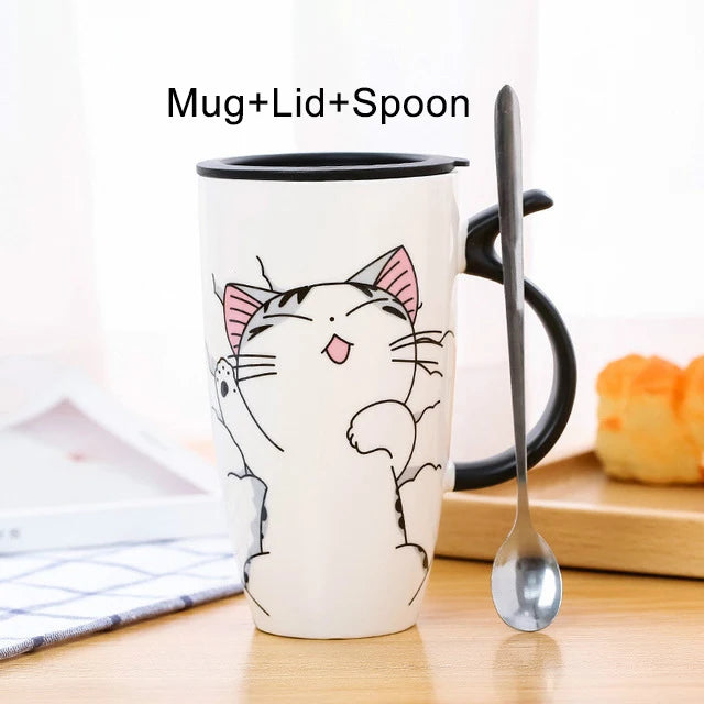 Drinkware 600ml Creative Cat Ceramic Mug With Lid Spoon Beer Cup of Coffee Original and Funny Cups to Give Away Couple Gift Mugs