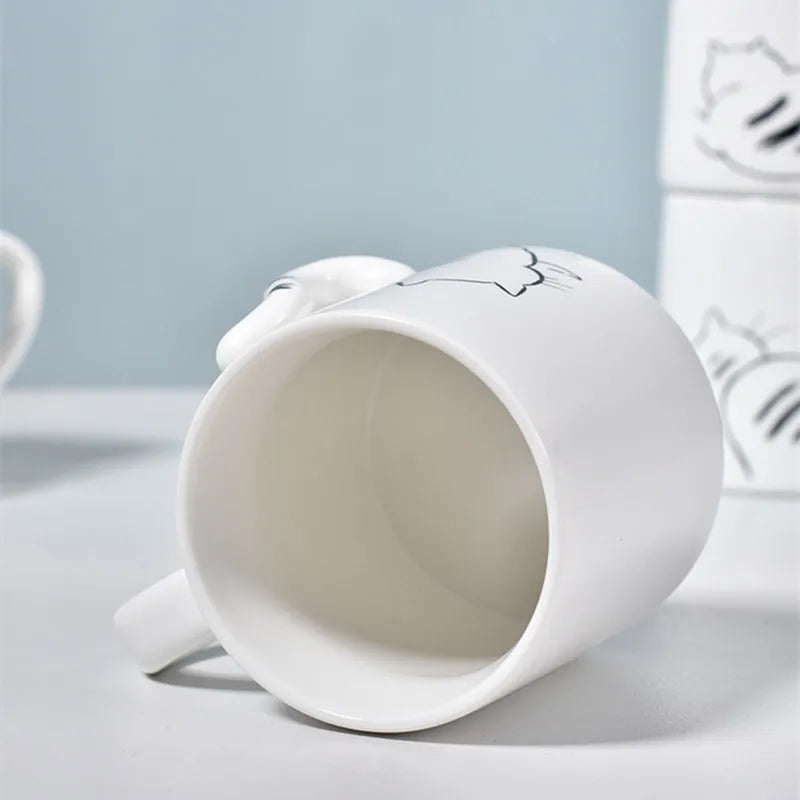 380ml Cute Cat Ceramic Mug With Spoon And Lid Creative Relief Coffee Tea Milk Breakfast Cups With Handle Novelty Gifts