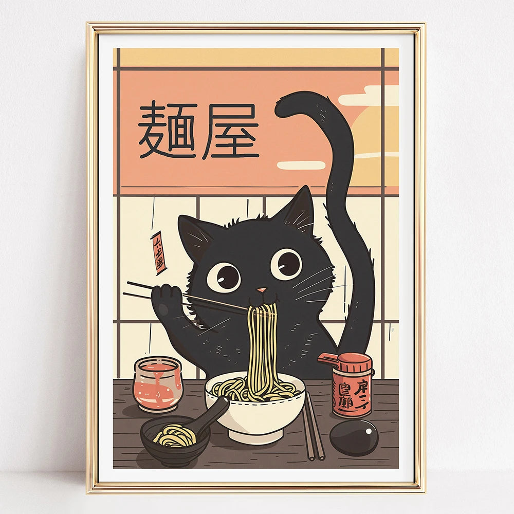 Kawaii Japanese Ramen Animal Cat Posters Canvas Prints Paintings Home Decor Noodles Food Wall Art Poster Kitchen Room Decoration