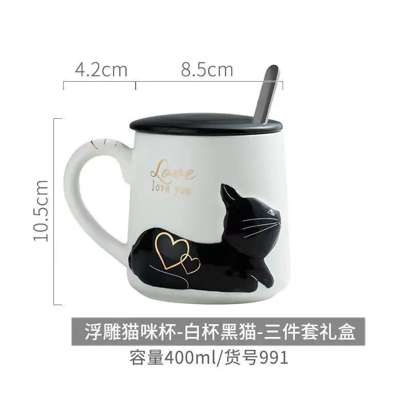 Pink White Black Cat Ceramic Mugs with Lids Spoons Cute Girl Heart Couple Coffee Cups Holiday Gifts Drinkware Water Bottle