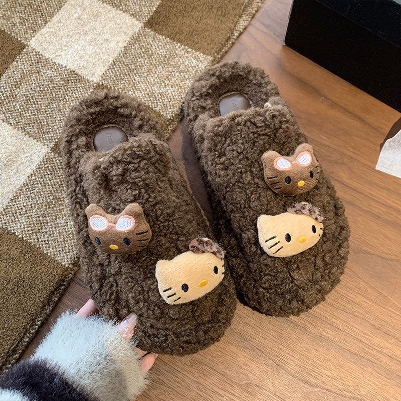 Cute cartoon warm thick bottom heightening bag head fluffy slippers women's outer wear