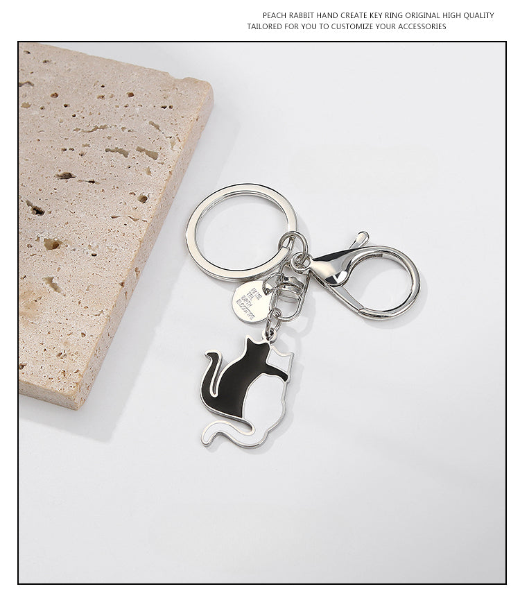 Cute Simple Black and White Cat Titanium Keychain for Couples' Bag Accessories