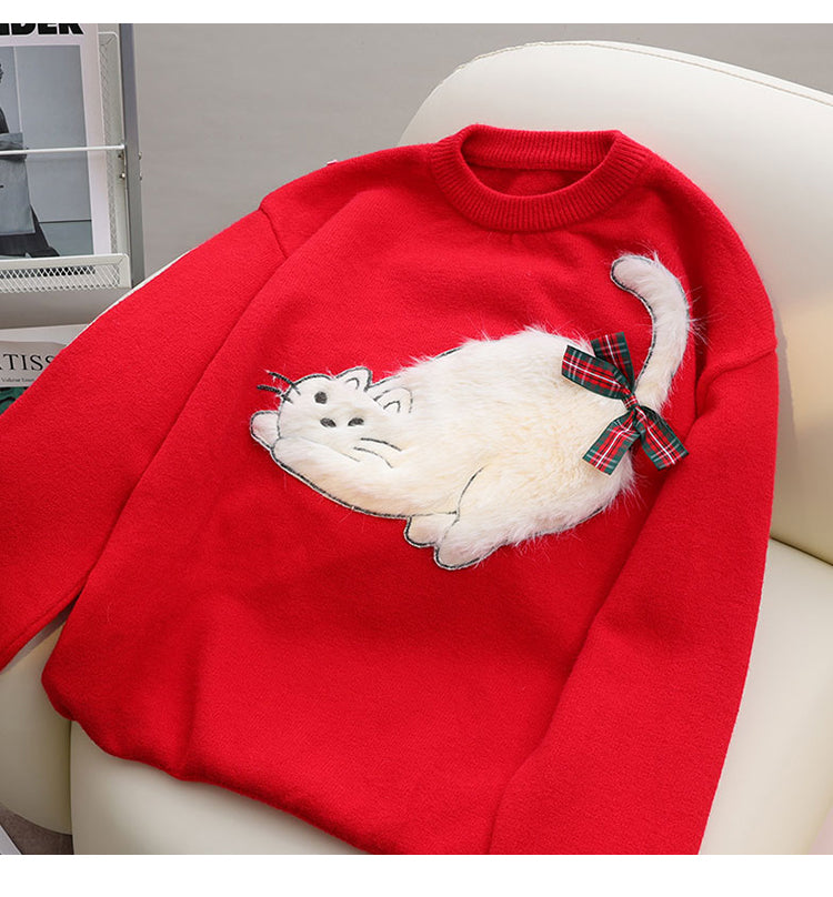 3D three-dimensional cute kitten red Christmas sweater women's autumn and winter 2024 new lazy high-end New Year's knitted sweater