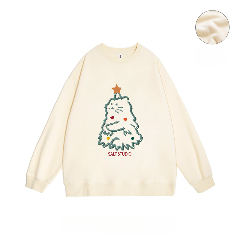 Cartoon cat Christmas tree print crew neck sweater women's autumn and winter new lazy versatile velvet pullover